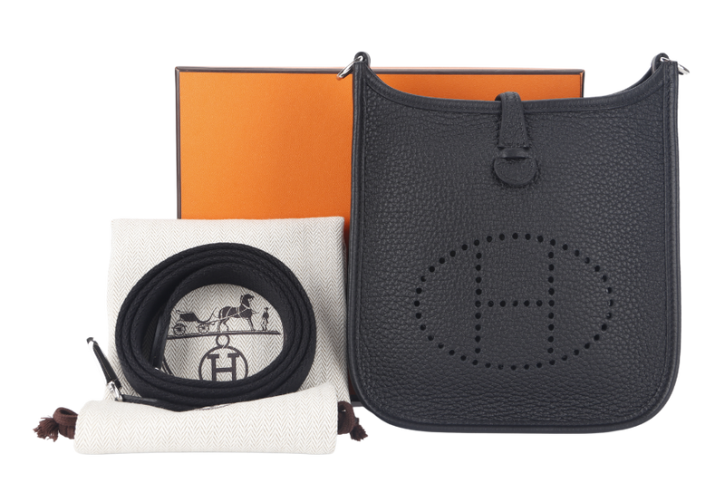 HERMES MINI EVELYN BLACK CLEMENCE LEATHER WITH SILVER HARDWARE STAMP B WITH DUST COVER AND BOX