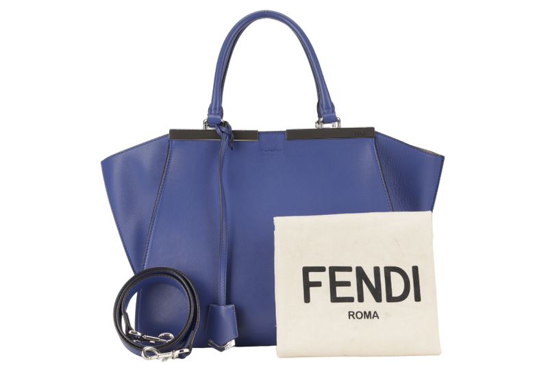 FENDI 3JOURS TOTE BAG (8BH279) NAVY BLUE CALF LEATHER SILVER HARDWARE WITH DUST COVER