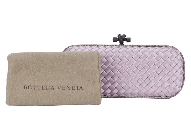 BOTTEGA VENETA KNOT CLUTCH MEDIUM LILAC SATIN BLACK HARDWARE WITH DUST COVER