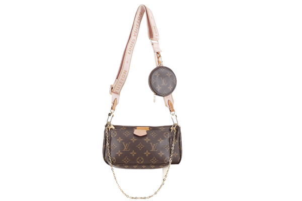 LOUIS VUITTON MULTI POCHETTE ACCESSORIES MONOGRAM CANVAS GOLD HARDWARE WITH PINK STRAPS AND DUST COVER