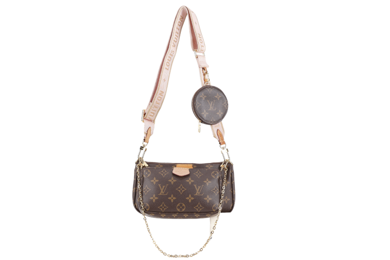LOUIS VUITTON MULTI POCHETTE ACCESSORIES MONOGRAM CANVAS GOLD HARDWARE WITH PINK STRAPS AND DUST COVER