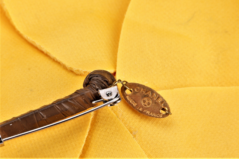 CHANEL YELLOW VELVET CAMELIA BROOCH WITH BOX