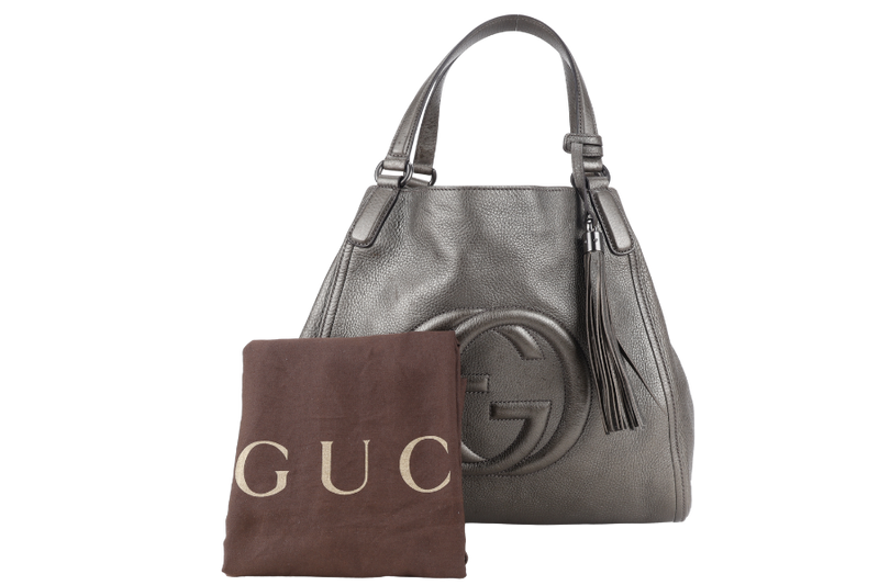 GUCCI SOHO INTERLOCKING G TOTE BAG DARK GREEN LEATHER RUTHENIUM HARDWARE WITH DUST COVER
