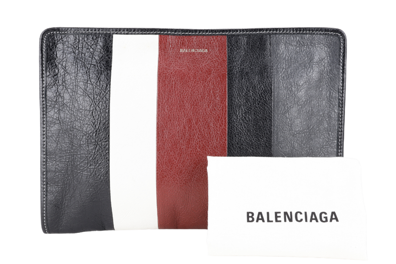 BALENCIAGA STRIPE CLUTCH BLACK, GREY, RED CALF LEATHER SILVER HARDWARE WITH DUST COVER