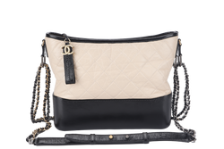 CHANEL GABRIELLE MEDIUM (254xxxx) BEIGE BLACK AGED CALFSKIN GOLD TONE/SILVER TONE & RUTHENIUM HARDWARE WITH DUST COVER