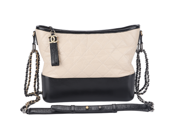 CHANEL GABRIELLE MEDIUM (254xxxx) BEIGE BLACK AGED CALFSKIN GOLD TONE/SILVER TONE & RUTHENIUM HARDWARE WITH DUST COVER