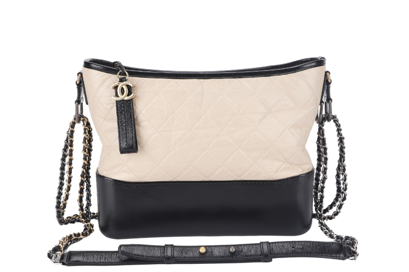 CHANEL GABRIELLE MEDIUM (254xxxx) BEIGE BLACK AGED CALFSKIN GOLD TONE/SILVER TONE & RUTHENIUM HARDWARE WITH DUST COVER