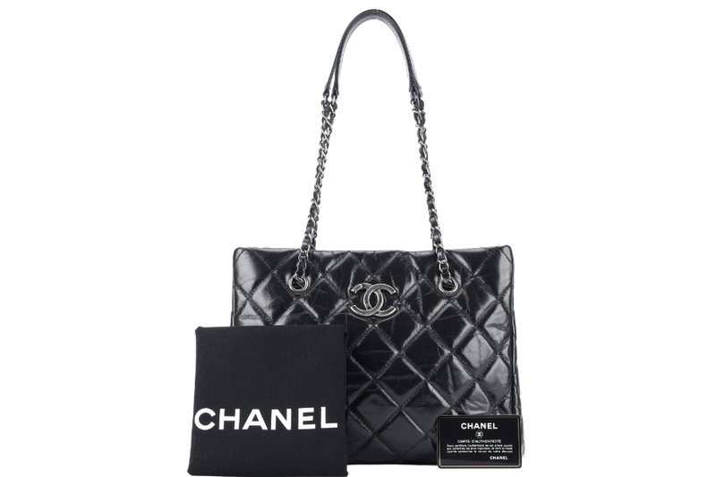 CHANEL CC SHOPPING TOTE (2043xxxx) BLACK GLAZED CALFSKIN SILVER HARDWARE WITH DUST COVER AND CARD