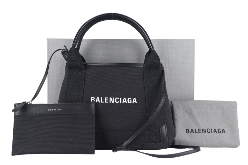 BALENCIAGA CABAS (390346) TWO WAY BAG xs BLACK CANVAS SILVER HARDWARE 1000.T.523147 WITH DUST COVER AND BOX