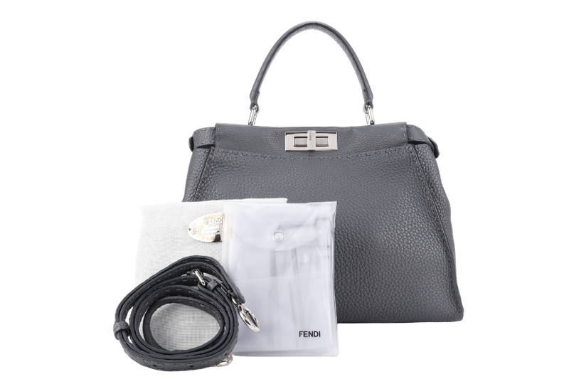 FENDI PEEKABOO ISEEU MEDIUM GREY LEATHER SILVER HARDWARE WITH STRAPS, DUST COVER AND RAINCOAT