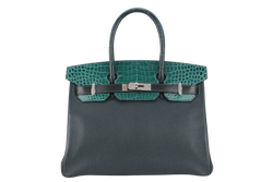 HERMES BIRKIN 30 PATCHWORK EMERALD GREEN, VERT TITIEN, VERT FONCE, MALACHITE, ROSE AZALEE INTERIOR, SILVER HARDWARE POROSUS, EPSOM, CHEVRE, CLEMENCE, BOX WITH DUST COVER