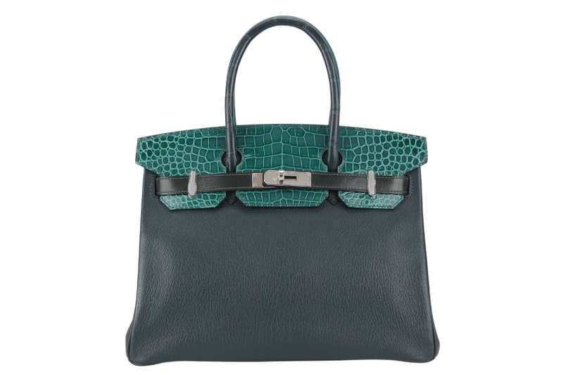 HERMES BIRKIN 30 PATCHWORK EMERALD GREEN, VERT TITIEN, VERT FONCE, MALACHITE, ROSE AZALEE INTERIOR, SILVER HARDWARE POROSUS, EPSOM, CHEVRE, CLEMENCE, BOX WITH DUST COVER