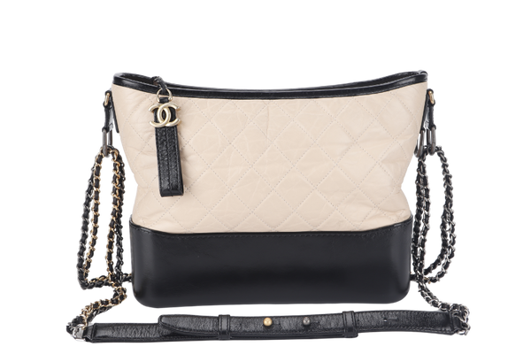 CHANEL GABRIELLE HOBO MEDIUM (2403xxxx) BEIGE-BLACK AGED CALFSKIN WITH GOLD TONE/SILVER TONE & RUTHENIUM HARDWARE WITH DUST COVER AND BOX