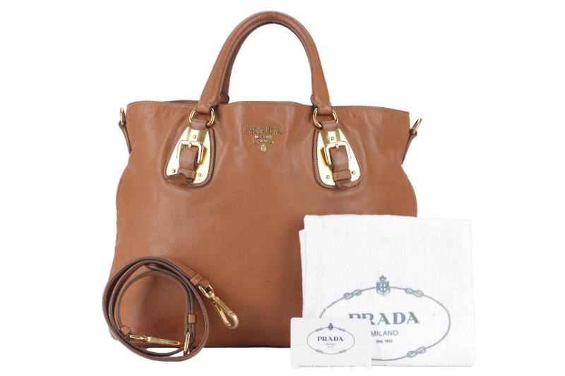 PRADA SOFT CALF (BN1902) MEDIUM BROWN LEATHER GOLD HARDWARE 2WAYS BAG WITH STRAP, DUST COVER AND CARD