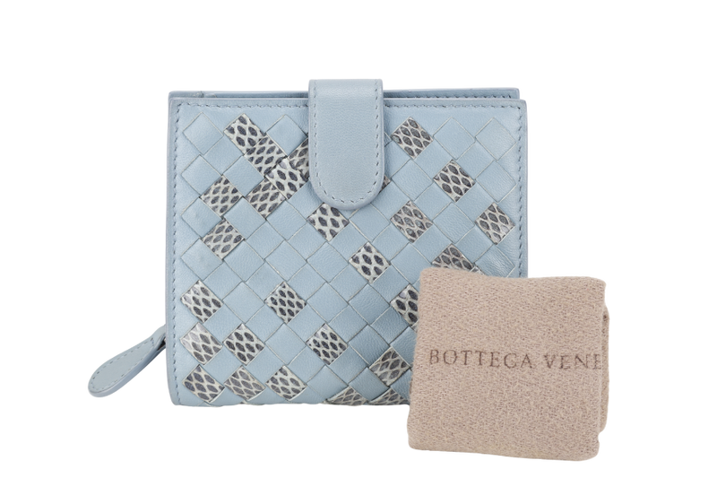 BOTTEGA VENETA INTRECCIATO BLUE NAPA LEATHER SNAKESKIN BI-FOLD WALLET WITH DUST COVER