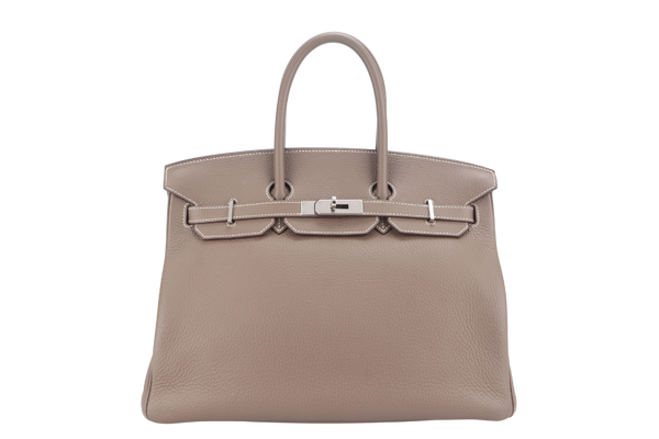 HERMES BIRKIN 35 ETOUPE CLEMENCE LEATHER SILVER HARDWARE STAMP P (YEAR 2012) WITH KEYS, LOCK AND DUST COVER