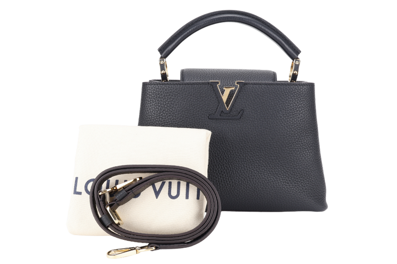 LOUIS VUITTON CAPUCINES BB BLACK CALFSKIN LEATHER GOLD HARDWARE WITH LEATHER STRAPS AND DUST COVER