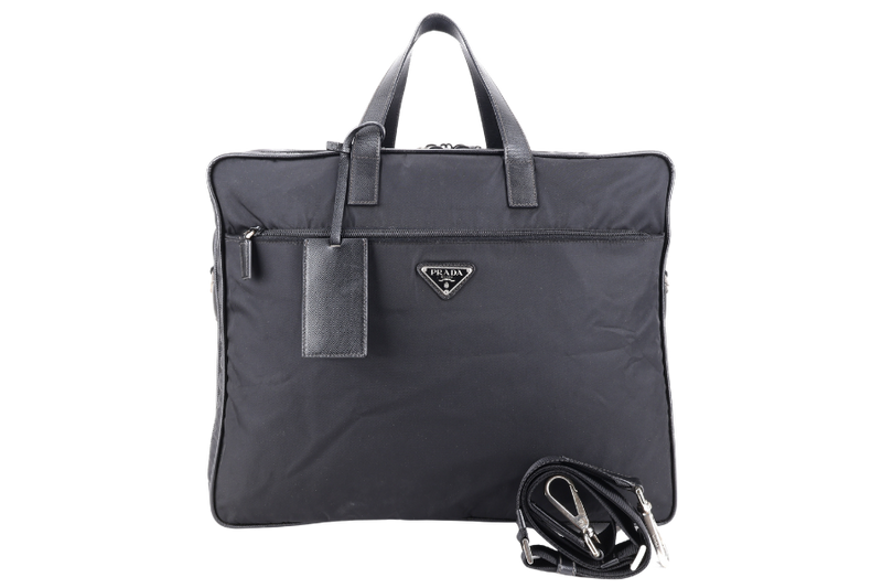 PRADA BLACK NYLON TESSUTO BUSINESS BAG SAFFIANO LEATHER TRIM SILVER HARDWARE WITH SHOULDER STRAP NO DUST COVER