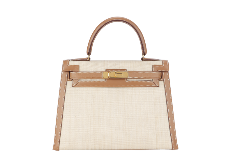 HERMES KELLY 28CM VINTAGE CRINOLINE VACHE NATURAL WITH GOLD HARDWARE STAMP Z CIRCLE (1996) WITH STRAP, LOCK&KEYS AND DUST COVER