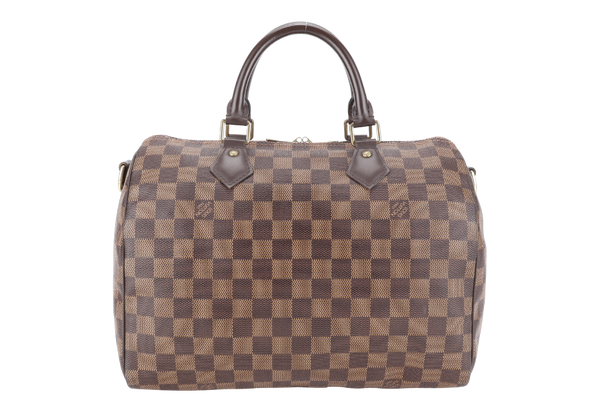 LOUIS VUITTON SPEEDY 30 DAMIER EBENE CANVAS GOLD HARDWARE WITH STRAPS, LOCK & KEYS AND DUST COVER