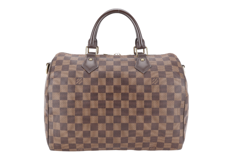 LOUIS VUITTON SPEEDY 30 DAMIER EBENE CANVAS GOLD HARDWARE WITH STRAPS, LOCK & KEYS AND DUST COVER