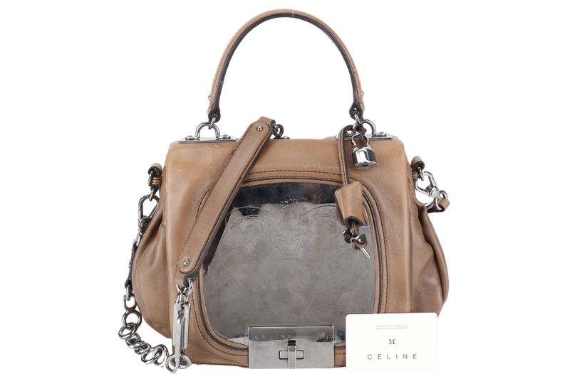 CELINE BROWN LEATHER METAL PANEL FLAP SHOULDER BAG SILVER HARDWARE WITH STRAPS, KEYS AND LOCK