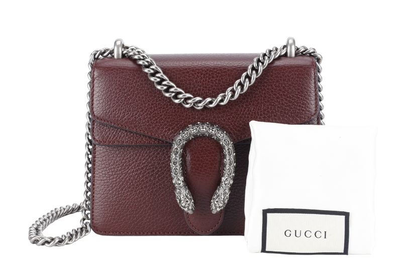 GUCCI 421970 493075 DIONYSUS MINI MAROON TANNED LEATHER SHOULDER BAG SILVER HARDWARE WITH DUST COVER