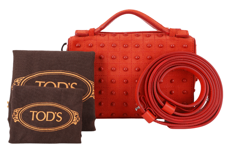 TODS RUBBERSTUD CROSSBODY SLING BAG ORANGE SUEDE SILVER HARDWARE WITH STRAPS AND DUST COVER