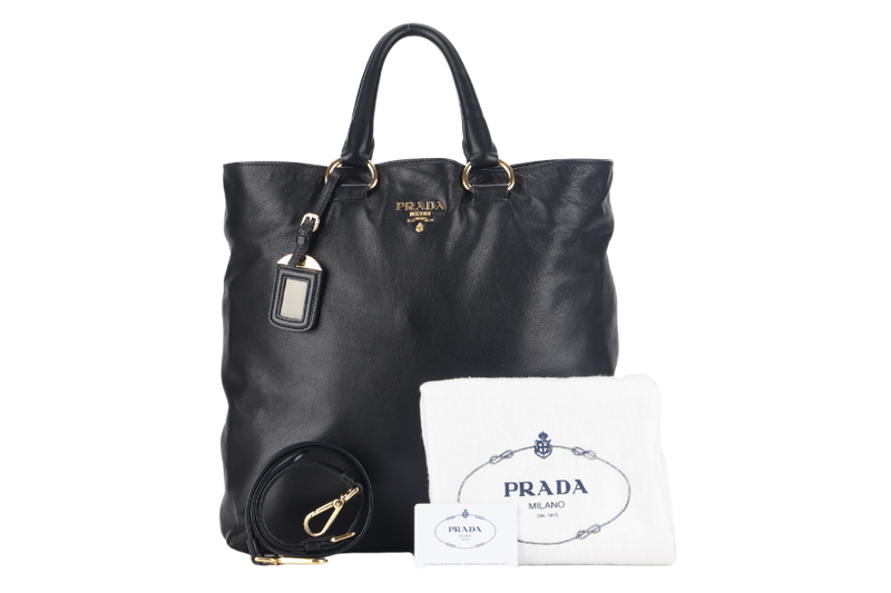 PRADA SHOPPING TOTE (BN1713) LARGE BLACK CALF LEATHER GOLD HARDWARE WITH STRAP AND DUST COVER