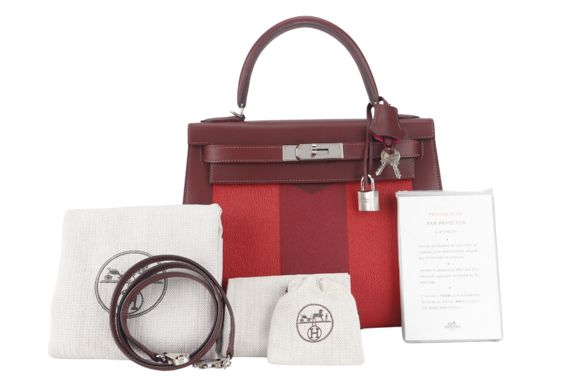 HERMES KELLY 28 STAMP C (YEAR 2019) LETTRE M ROUGE H VERMILLION, ROSE TYRIEN EPSOM, CHEVRE SOMBRERO SILVER HARDWARE WITH LOCK&KEYS, RAINCOAT AND DUST COVER