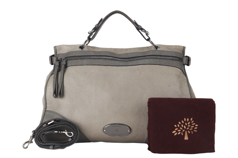 MULBERRY TAYLOR SATCHEL BAG LARGE OVERSIZED GRAY LEATHER SILVER HARDWARE 1362071 WITH LONG STRAP AND DUST COVER