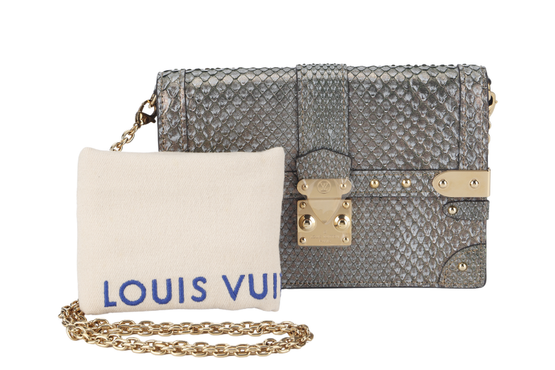 LOUIS VUITTON TRUNK CHAIN WALLET (N99721) PYTHON METALLIC LEATHER GOLD HARDWARE WITH CHAIN, STRAP AND DUST COVER