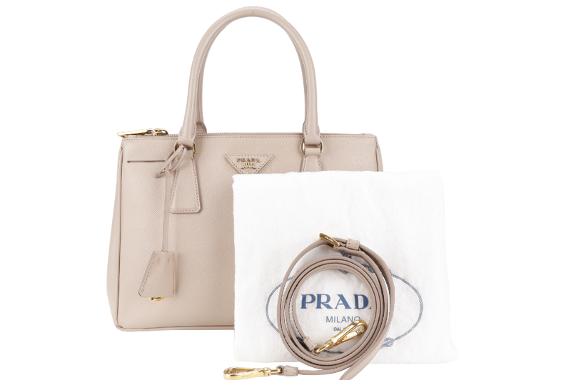 PRADA GALLERIA MEDIUM BEIGE SAFFIANO LEATHER GOLD HARDWARE WITH STRAPS AND DUST COVER