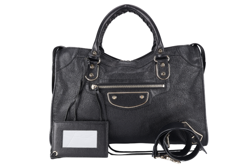 BALENCIAGA CLASSIC CITY BLACK METALLIC LEATHER HANDBAG GOLD HARDWARE WITH MIRROR AND STRAPS