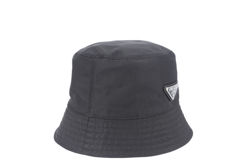 PRADA BUCKET HAT METAL LOGO BLACK NYLON WITH DUST COVER