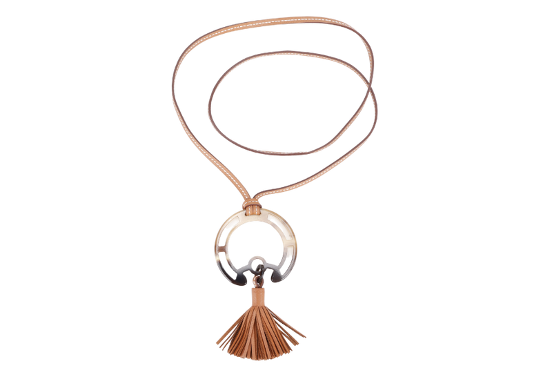 HERMES BUFFALO HORN ROUND PENDANT NECKLACE WITH FRINGE GOLD COLOUR WITH BOX