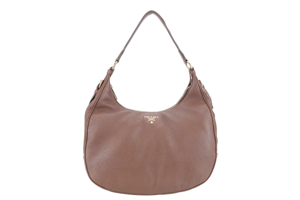 PRADA ZIP TOP HOBO VITELLO DAINO BAG LARGE BROWN LEATHER GOLD HARDWARE NO DUST COVER