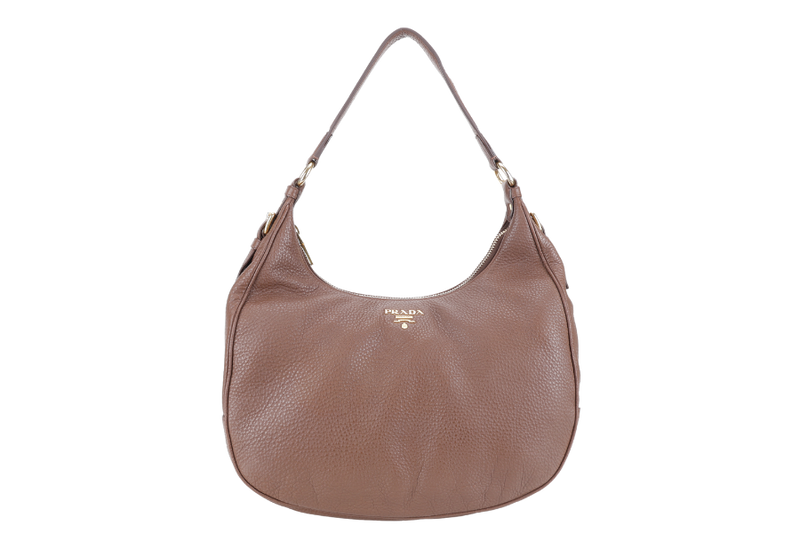 PRADA ZIP TOP HOBO VITELLO DAINO BAG LARGE BROWN LEATHER GOLD HARDWARE NO DUST COVER