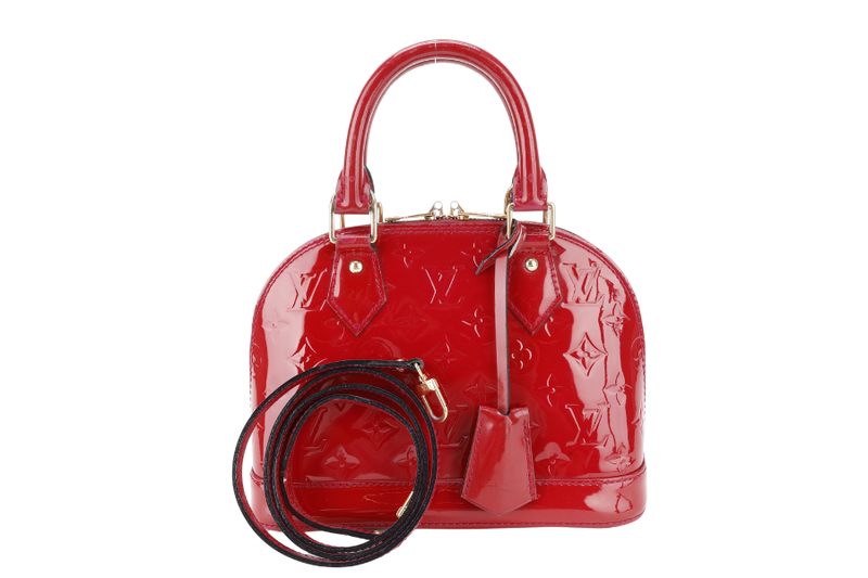 LOUIS VUITTON ALMA BB RED VERNIS WITH GOLD HARDWARE, STRAPS AND NO DUST COVER