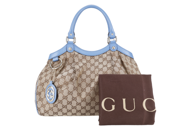 GUCCI SUKEY CANVAS TOTE LIGHT BLUE LEATHER TRIM WITH DUST COVER