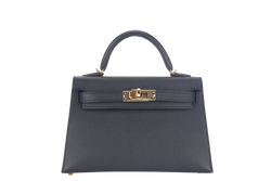 HERMES MINI KELLY (STAMP B) BLACK EPSOM GOLD HARDWARE WITH STRAP, DUST COVER AND BOX