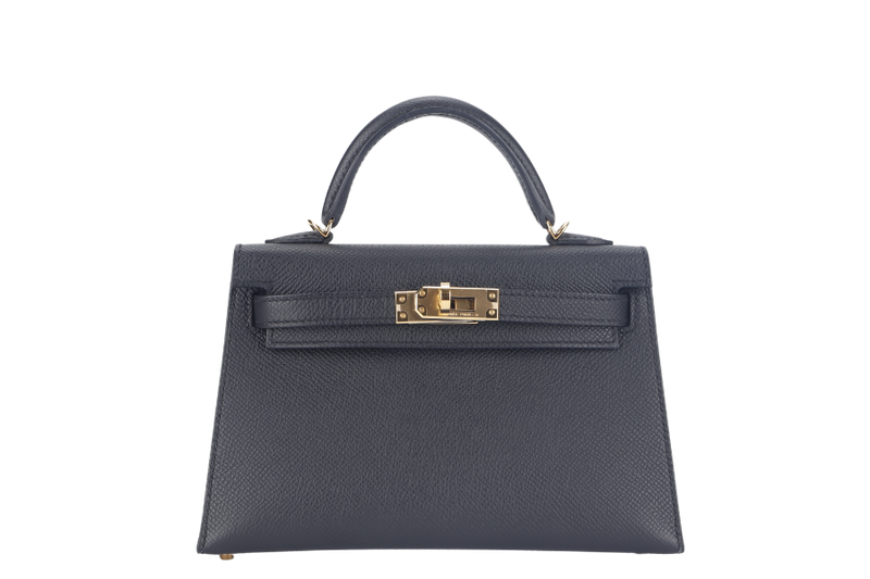 HERMES MINI KELLY (STAMP B) BLACK EPSOM GOLD HARDWARE WITH STRAP, DUST COVER AND BOX