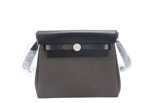 HERMES MINI HERBAG BLACK, DARK BRONZE SILVER HARDWARE STAMP W (YEAR 2024) WITH DUST COVER AND BOX
