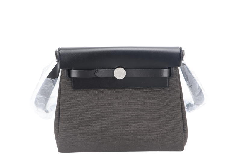 HERMES MINI HERBAG BLACK, DARK BRONZE SILVER HARDWARE STAMP W (YEAR 2024) WITH DUST COVER AND BOX