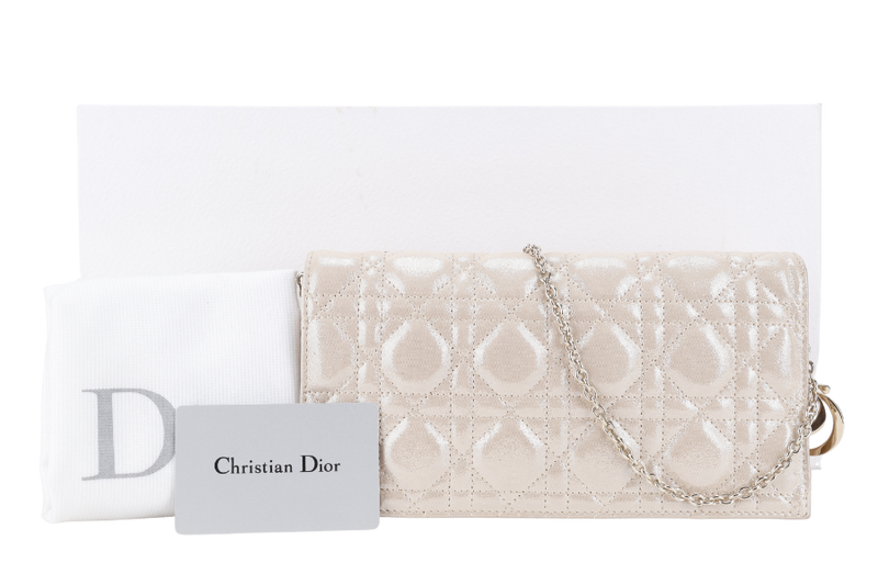 CHRISTIAN DIOR METALLIC GOLD FABRIC CANNAGE FOLDED CLUTCH GOLD HARDWARE WITH CHAIN, DUST COVER AND BOX