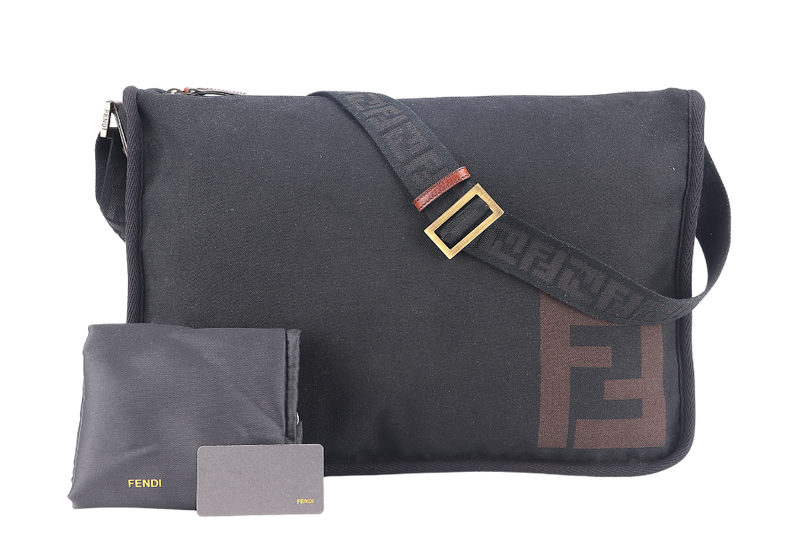 FENDI ZUCCA MESSENGER BAG BLACK CANVAS SILVER HARDWARE WITH DUST COVER