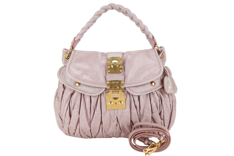 MIU-MIU MIU PINK MATELASSE LEATHER LARGE COFFER BAG GOLD HARDWARE WITH LEATHER STRAPS AND KEYS NO DUST COVER