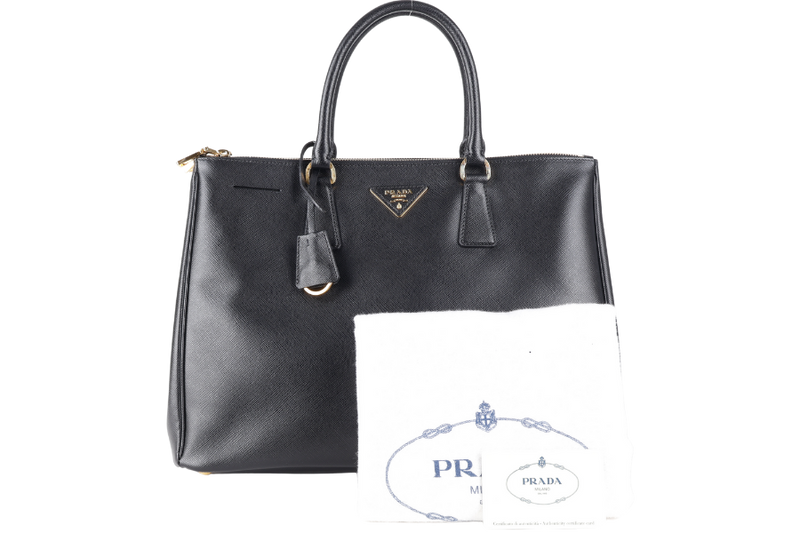 PRADA BN1786 DOUBLE ZIP TOTE BAG BLACK SAFFIANO LUX LEATHER GOLD HARDWARE WITH DUST COVER AND CARD