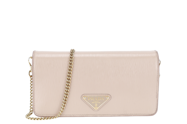 PRADA BANDOLIERA TRIANGLE LOGO HANDBAG MINI BEIGE LEATHER GOLD HARDWARE WITH DUST COVER AND BOX