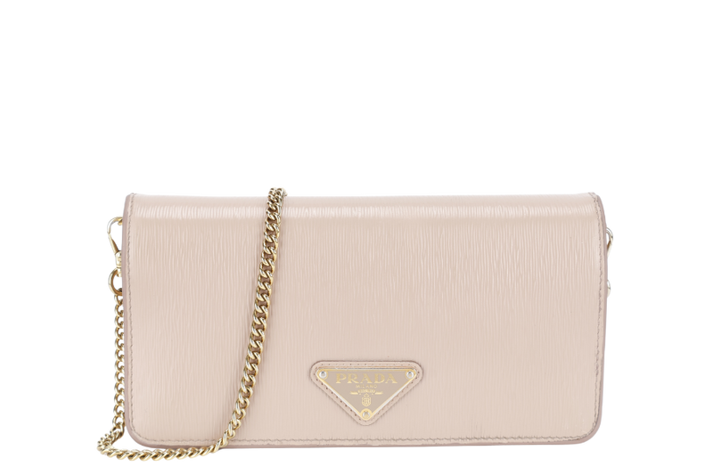 PRADA BANDOLIERA TRIANGLE LOGO HANDBAG MINI BEIGE LEATHER GOLD HARDWARE WITH DUST COVER AND BOX